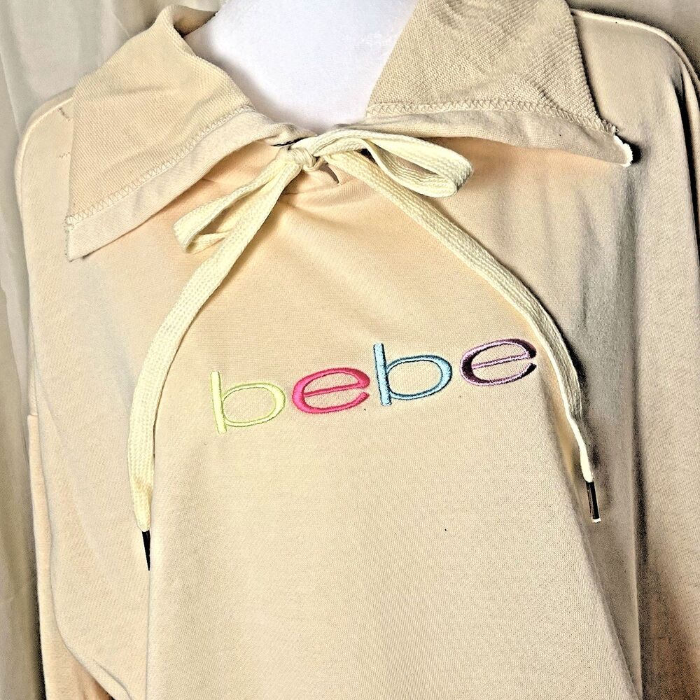 Bebe Sport 2X Y2K Raw Hem Fake Sweatshirt Shirt Pastel Logo Oversized Cream